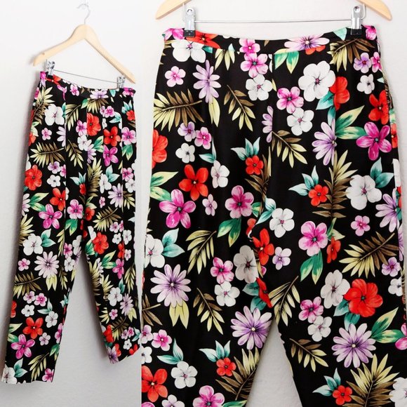 Silkland Women's 12 100% Pure Silk Tropical Vibrant Colorful Floral Pant Black - Picture 4 of 14
